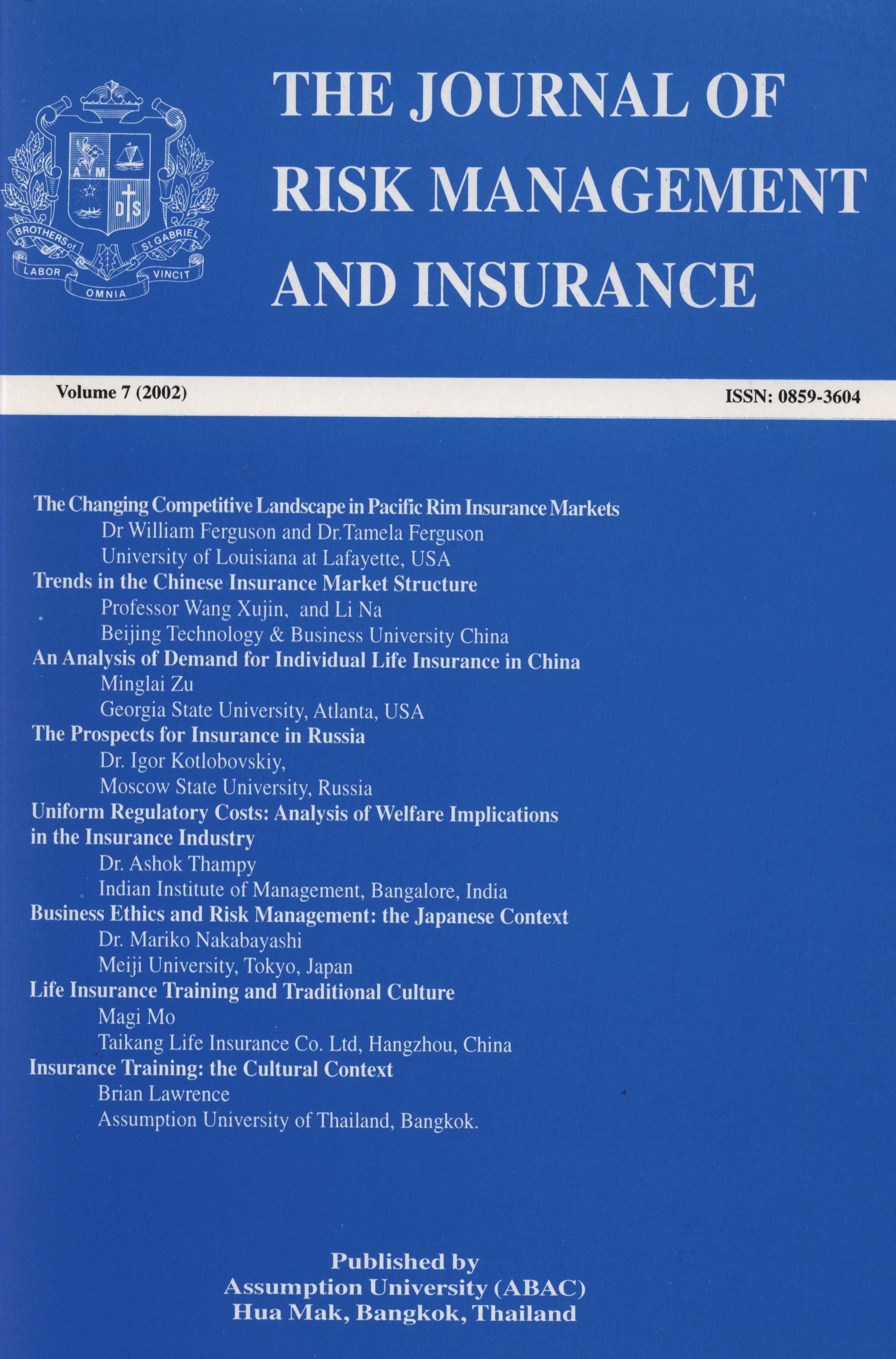 					View Vol. 7 No. 1 (2002): The Journal of Risk Management and Insurance
				