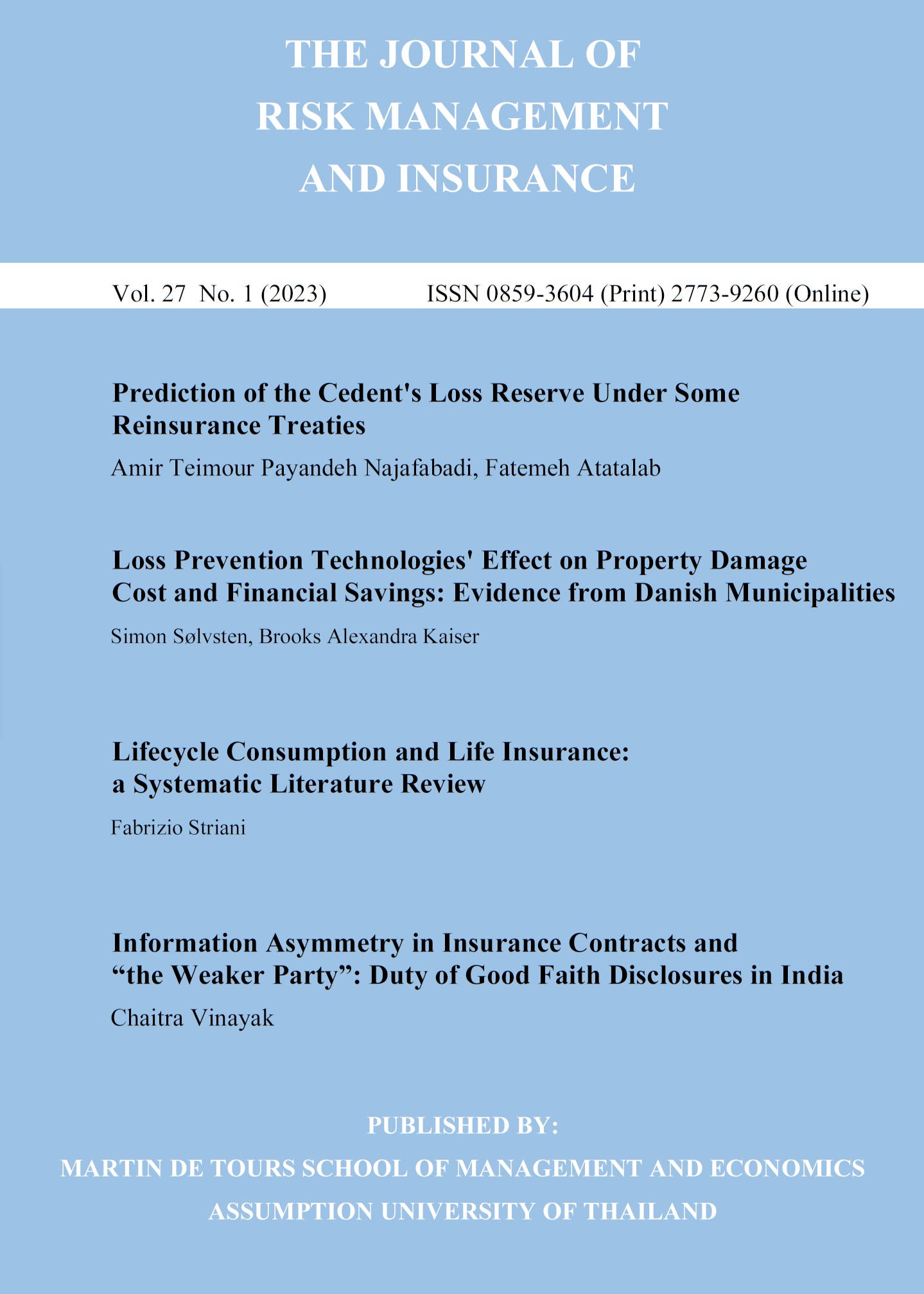 					View Vol. 27 No. 1 (2023): The Journal of Risk Management and Insurance
				